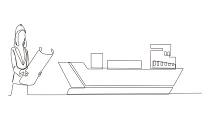 Continuous line drawing of architect building ship