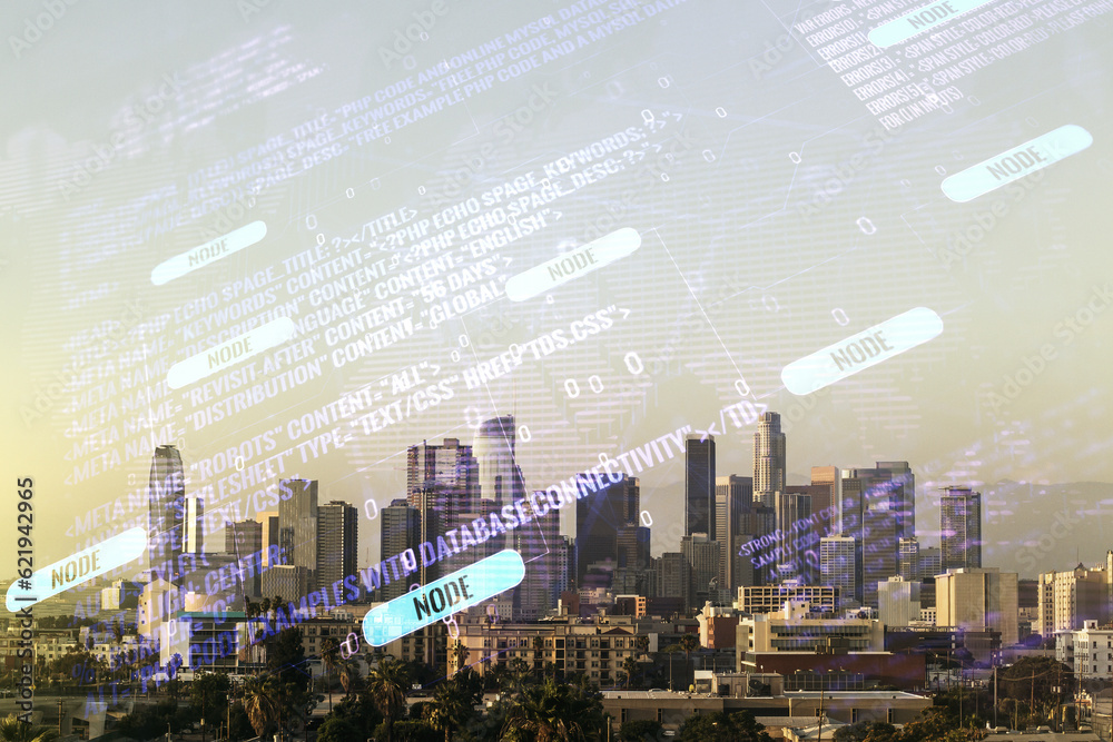 Aufkleber double exposure of abstract programming language hologram and world map on los angeles city skyscrap