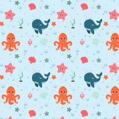 Сhildish pattern with whale, octopus and star fish, kids print. Seamless background with sea animals, cute vector texture for baby bedding, fabric, wallpaper, wrapping paper, textile, t-shirt print
