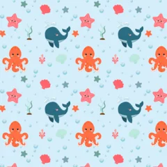 Acrylic prints Sea life Сhildish pattern with whale, octopus and star fish, kids print. Seamless background with sea animals, cute vector texture for baby bedding, fabric, wallpaper, wrapping paper, textile, t-shirt print