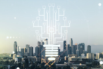 Virtual creative light bulb illustration with microcircuit on Los Angeles cityscape background, future technology concept. Multiexposure