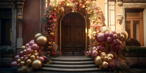 Obraz premium Arch of balloons with flowers.Decorated entrance door Exterior facade of building with front door.Grand Opening,solemn event.Holidays event, wedding ceremony,celebration,anniversary.Generative ai