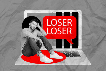 Picture image collage artwork of dissatisfied man sit big netbook suffer bad comments negative...