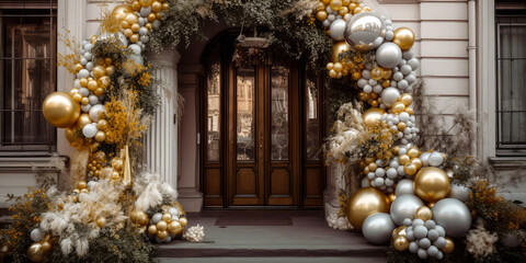 Fototapeta na wymiar Arch of balloons with flowers.Decorated entrance door Exterior facade of building with front door.Grand Opening,solemn event.Holidays event, wedding ceremony,celebration,anniversary.Generative ai