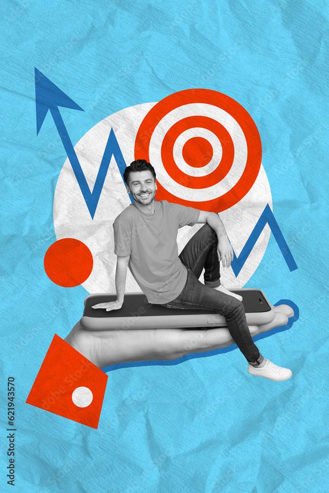 Aufkleber drawing creative poster collage sketch of happy successful man sitting on big modern device browsing