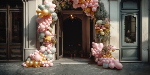 Arch of balloons with flowers.Decorated entrance door Exterior facade of building with front door.Grand Opening,solemn event.Holidays event, wedding ceremony,celebration,anniversary.Generative ai