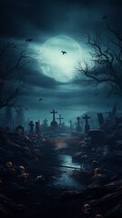 Halloween cemetery night scene. Generative ai