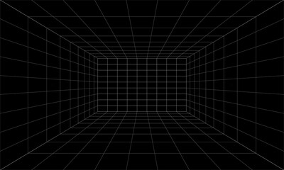 Empty futuristic digital box room grey-black background with white grid space line color surface. Network cyber technology. banner, cover, terrain, sci-fi, wireframe, and related to background.Synthwa