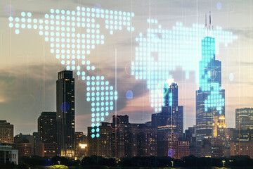 Abstract creative digital world map on Chicago cityscape background, globalization concept. Multiexposure