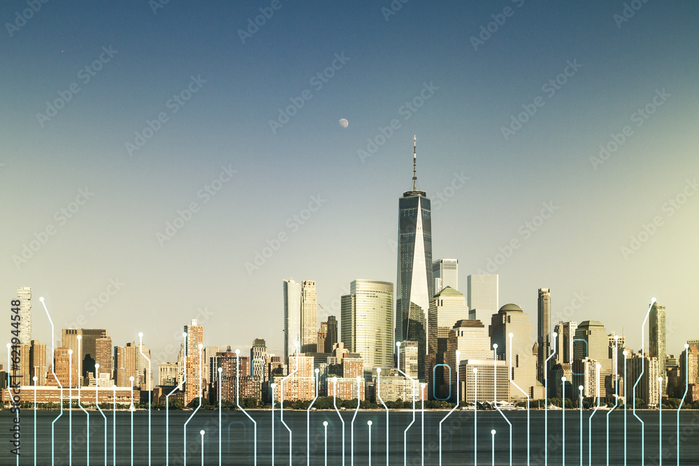 Poster abstract virtual micro circuit sketch on manhattan office buildings background, future technology an