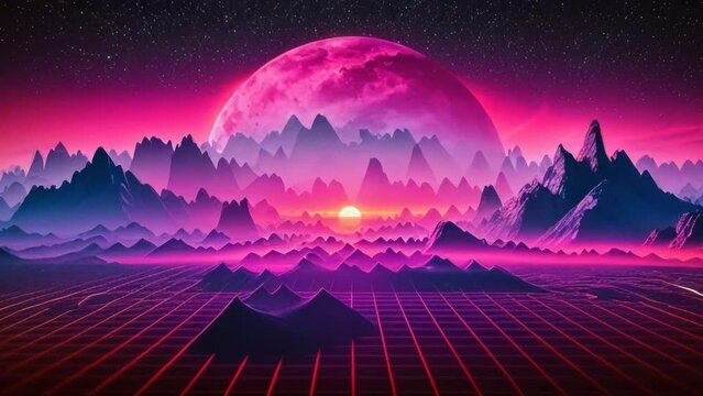 A futuristic landscape with mountains and a pink sun. Generative ai
