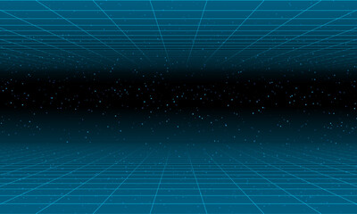 Synthwave wireframe net illustration. Abstract digital background. 80s, 90s Retro futurism, Retro wave cyber grid. Top and bottom surfaces. Neon lights glowing. Starry background. Vector 3D Rendering