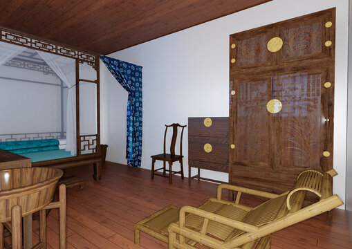 3D Rendering Ancient Chinese Bedroom