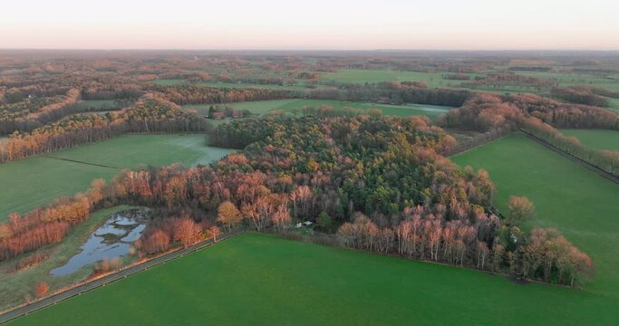 Aerial view of countryside with meadows, forest, road and farms, Enschede, Twente, Overijssel, The Netherlands.
