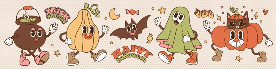 Halloween retro cartoon characters set. Vintage Halloween cute cauldron, pumpkins, ghost and bat. Contour 80s Vector illustration on isolated background.