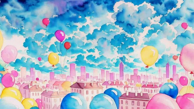A vibrant cityscape with colorful balloons floating in the sky. Generative ai