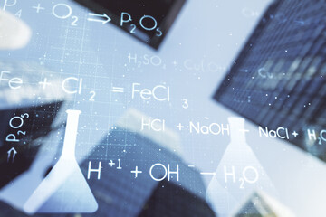 Abstract virtual chemistry illustration on modern architecture background, science and research...