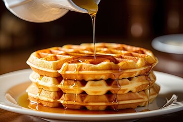 A close-up of a waffle being drizzled with warm maple syrup, capture the delicious syrup cascading over the crispy surface. Generative AI