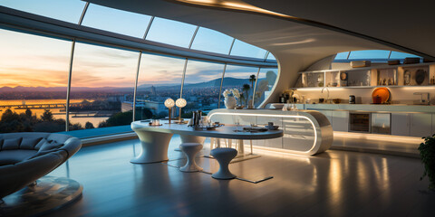 Obraz premium futuristic organic architecture design, luxury and modern kitchen with ocean view, fictional architecture created with generative ai