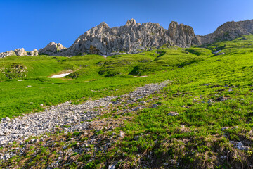 The country rocky road in the tropical mountains. The alpine mountains and meadows.