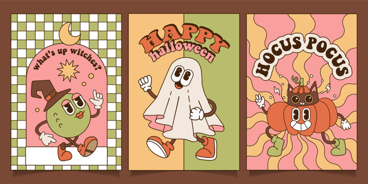 Happy Halloween vintage greeting a4 posters with groovy cartoon characters. retro cartoon style style pumpkin, witch in hat, pumpkin and ghost. 70s style psychedelic background. Vector illustration