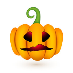 Halloween cute pumpkin. Realistic 3d pumpkin with scared funny face on white background for autumn holiday. Vector Halloween illustration for decoration, fashion print design, web banner, app, advert
