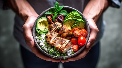 Healthy food diet, Grilled chicken meat and fresh vegetable salad of tomato and avocado