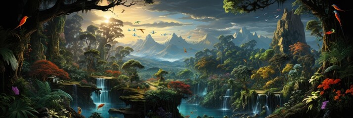 Fototapeta na wymiar A vivid, hyper-realistic image of a lush, thriving rainforest untouched by human hands generative ai