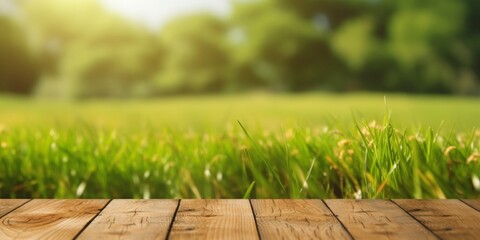 Wooden floor and blurred grass background copy space. AI Generated,