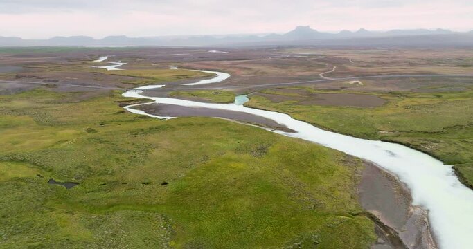 Aerial view of Kjolur road with bridge over river Sanda in the desolate highlands of Iceland.