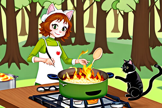 A cat cooking at the forrest on a frogy day.
Generative AI