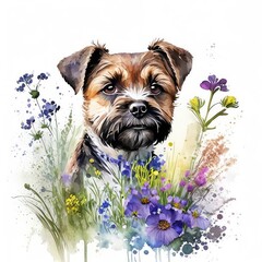 border terrier dog wild flowers water color on white background.