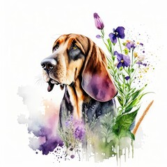 bloodhound dog wild flowers water color - obrazy, fototapety, plakaty