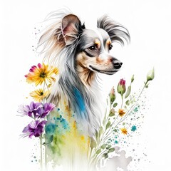 chinese crested dog wild flowers water color on white background.