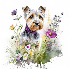glen of imaal terrier dog wild flowers water color on white background