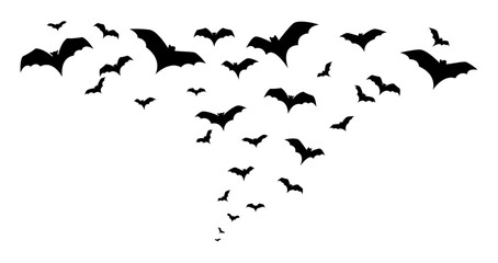 Flying black bats in the sky. Halloween decoration. Isolated vector and PNG on transparent background.