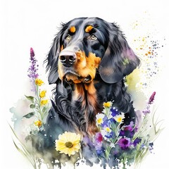 gordon setter dog wild flowers water color