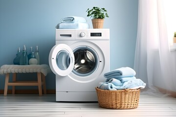 interior design, Washing machine, washing gel and laundry basket on white background created generative ai. - obrazy, fototapety, plakaty