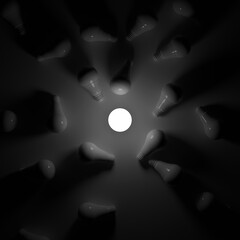 One Lightbulb glowing among shutdown light bulbs in dark