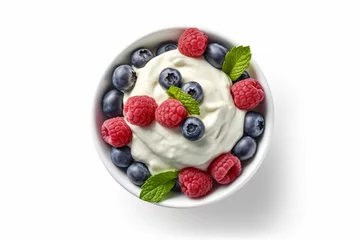 Foto op Plexiglas Green bowl of greek yogurt and fresh berries isolated on white background, top view © Robin