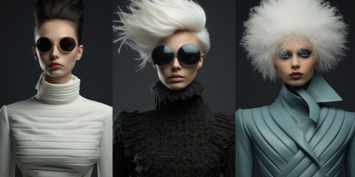 Three women with white hair and black sunglasses. Generative AI image.