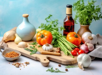 Composition with wooden board and ingredients for cooking on table. Created with Generative AI technology.