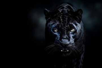A captivating front view illustration of a panther against a black background, showcasing the majestic wild animal, Generative Ai