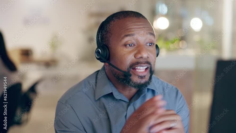Poster black man, call center and computer consulting talking about telemarketing and crm work. office, mal