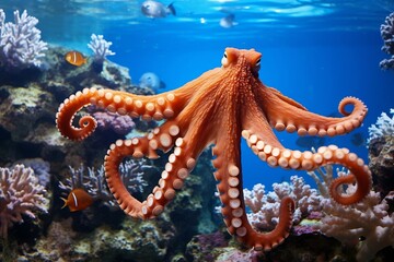 An octopus gracefully navigating through a vibrant coral reef, capturing the essence of underwater wildlife, Generative Ai
