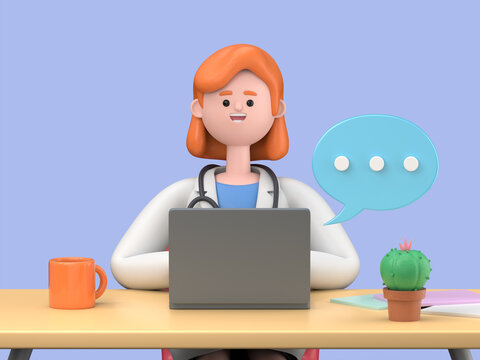 3D illustration of Female Doctor Nova  laptop and working at the desk in office with coffee cup, cactus. Portraits of cartoon characters or freelancer chatting on the computer with speech bubble.Workp