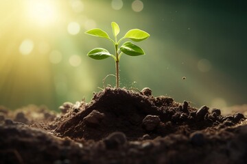 A captivating illustration depicting a young plant emerging from the soil, symbolizing growth and development, Generative Ai