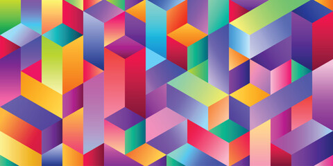 Colorful isometric cube background template copy space. Geometric 3d backdrop design. Rectangular graphic element for poster, wallpaper, banner, cover, magazine, landing page, or brochure.