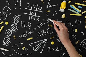 School formulas and drawings on a black school board