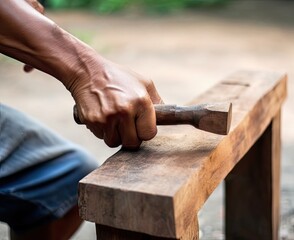 The carpenter is repairing the house. He makes nails using a hammer. Created with Generative AI technology.